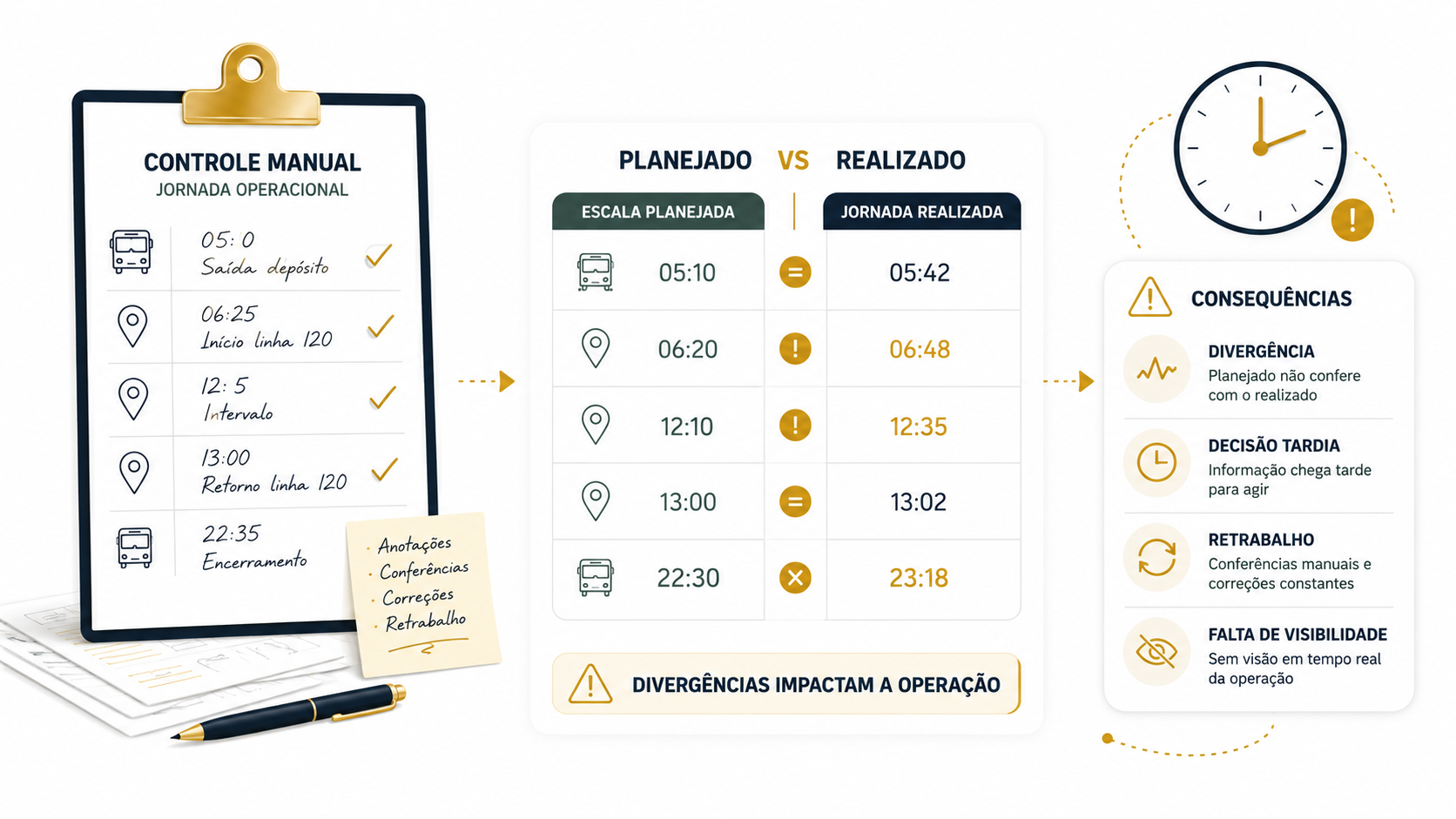 Controle manual de jornada com divergências operacionais